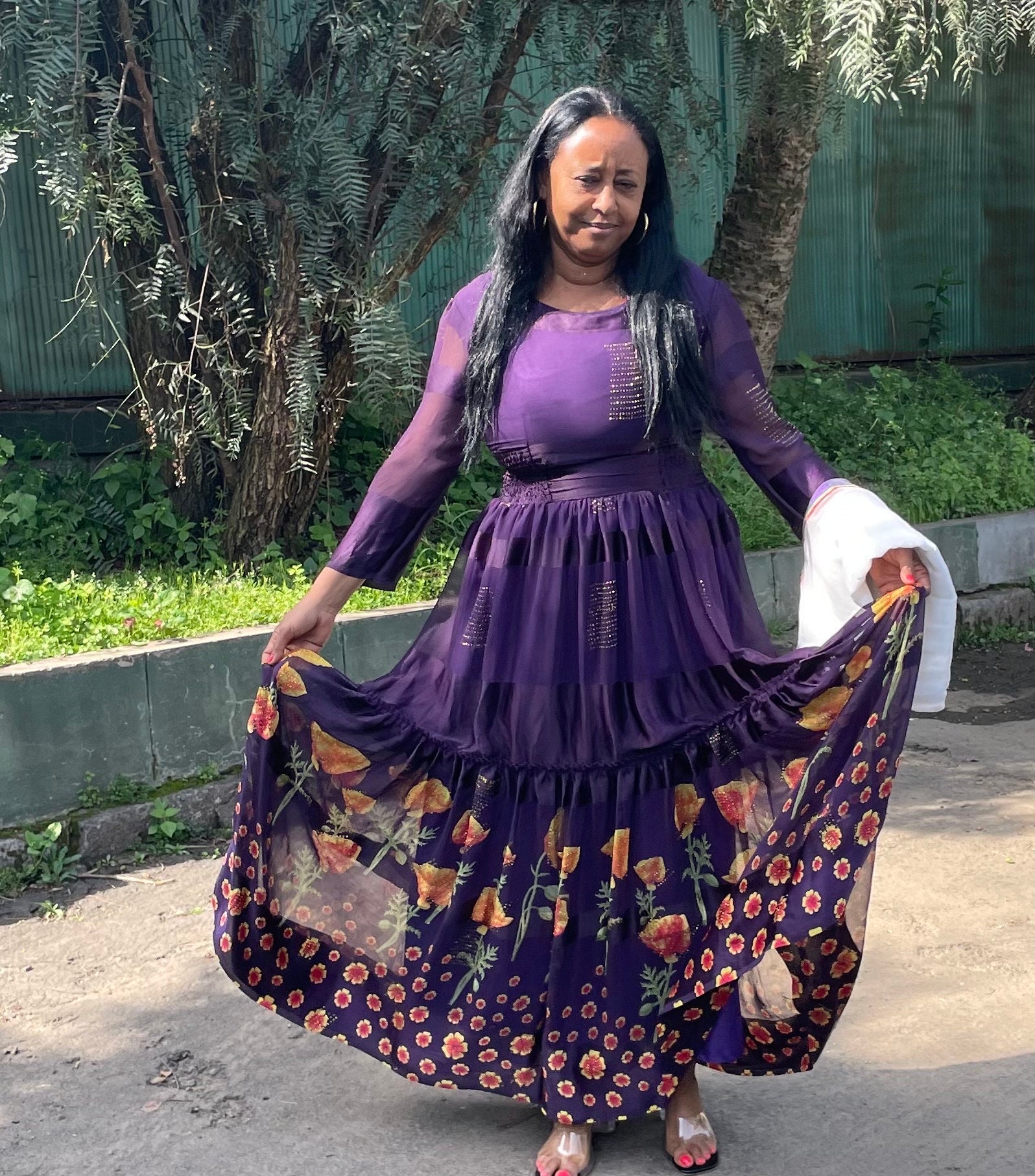 Purple Chiffon Habesha Kemis የሐበሻ የሐገር ባህል ልብስ