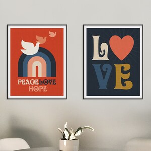 Retro peace poster, retro peace wall art, retro peace artwork, retro peace art, peace symbol, dove print, peace print, Love poster print