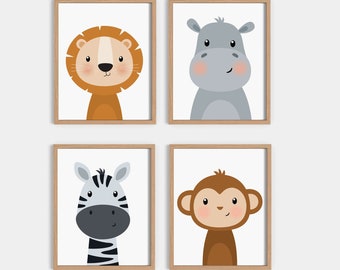 May include: Set of four printable nursery art prints featuring cartoon animal illustrations. The prints feature a lion, a hippopotamus, a zebra, and a monkey. Each animal is depicted with a friendly expression and bright colors.
