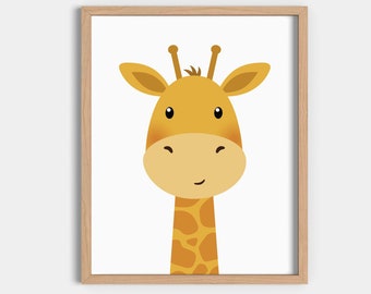 May include: A printable illustration of a cartoon giraffe with a yellow body, brown spots, and a white background. The giraffe has a friendly expression with big eyes and a small smile.