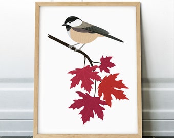 Chickadee Bird Print, Autumn Maple Branch Art (Digital Download)