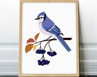 Blue Jay Art Print, Berry Tree Branch, Modern Bird Poster (Digital Download)