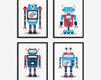 Digitale set van vier robot prints, robot print, robot poster, robot kunst, kinderen kunst, kinderen kunstwerken, kinderen robot kunst aan de muur, kleuterschool kunst aan de muur