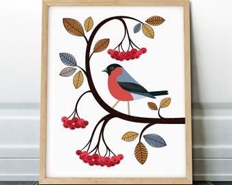 Bullfinch Bird Print, Rowan Tree Branch Art (Digital Download)