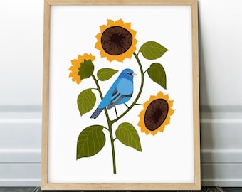 Bird print, sunflower print, bird poster, modern bird art print, bird art, bird on sunflower, sunflower art, Indigo Bunting on a sunflower