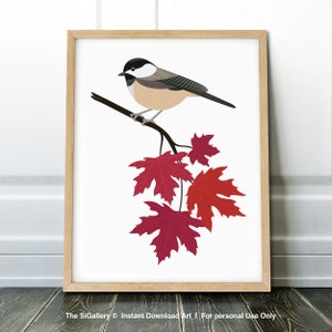 Impresión de pájaro, impresión de arte de aves moderna, póster de aves, arte de aves, chickadee de capa negra en una rama de arce de otoño