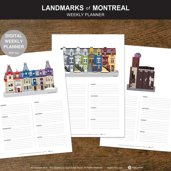 Montreal Landmarks Weekly Planner, Montreal Planner, Montreal landmarks, Farine Five Roses, St-Viateur Bagel, Pink House Montreal