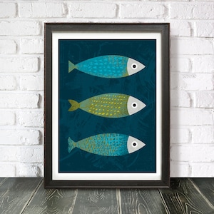 Stampa artistica da parete Boho Fish, Tre pesci (download digitale)