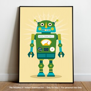 May include: A green robot with blue accents and a yellow background. The robot has a large dial on its chest and the text "Hello. Power On..." on its chest.