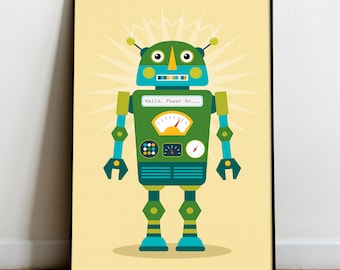 May include: A green robot with blue accents and a yellow background. The robot has a large dial on its chest and the text "Hello. Power On..." on its chest.