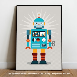 Könnte beinhalten: Ein blauer und orangefarbener Roboter mit einem Schlüssel zum Aufziehen an der Seite. Der Roboter hat einen großen Kopf mit einer einzelnen Antenne und ein Gesicht mit zwei großen Augen und einem kleinen Mund. Der Roboter hat eine große Brust mit einer Vielzahl von Knöpfen und Anzeigen. Der Roboter steht auf einem grauen Hintergrund mit einem Sternenausbruchmuster.