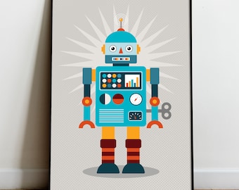 Könnte beinhalten: Ein blauer und orangefarbener Roboter mit einem Schlüssel zum Aufziehen an der Seite. Der Roboter hat einen großen Kopf mit einer einzelnen Antenne und ein Gesicht mit zwei großen Augen und einem kleinen Mund. Der Roboter hat eine große Brust mit einer Vielzahl von Knöpfen und Anzeigen. Der Roboter steht auf einem grauen Hintergrund mit einem Sternenausbruchmuster.