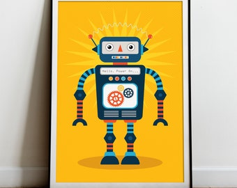 May include: A blue and yellow robot with a red triangle nose and the text "Hello. Power On..." on its chest. The robot is standing on a yellow background.