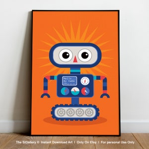 Könnte beinhalten: Ein blauer und roter Roboter mit großen Augen vor einem leuchtend orangenen Hintergrund. Der Roboter hat ein digitales Display, auf dem "Hello... my name is" steht.