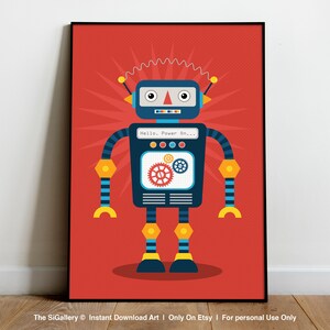 Könnte beinhalten: Eine digitale Illustration eines blauen Roboters mit gelben, roten und weißen Akzenten auf einem roten Hintergrund mit einem weißen Sternenausbruchmuster. Der Roboter hat einen Bildschirm, auf dem "Hello. Power On..." steht.