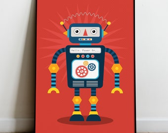 Könnte beinhalten: Eine digitale Illustration eines blauen Roboters mit gelben, roten und weißen Akzenten auf einem roten Hintergrund mit einem weißen Sternenausbruchmuster. Der Roboter hat einen Bildschirm, auf dem "Hello. Power On..." steht.