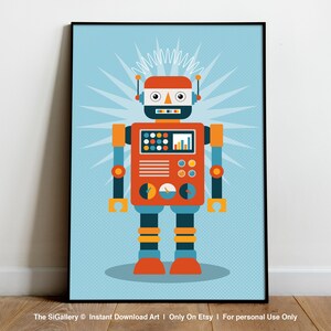 Könnte beinhalten: Eine Illustration eines Roboters im Retro-Stil mit rotem Körper, blauen Beinen und gelben Akzenten. Der Roboter hat einen großen Kopf mit einem lächelnden Gesicht und eine Vielzahl von Knöpfen und Zifferblättern auf seiner Brust. Der Hintergrund ist hellblau mit einem Sternenausbruchmuster.