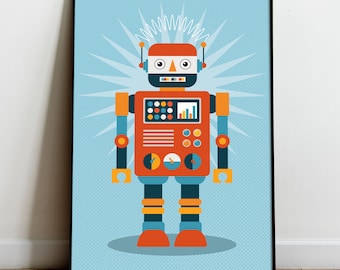 May include: A retro-style robot illustration with a red body, blue legs, and yellow accents. The robot has a large head with a smiling face and a variety of buttons and dials on its chest. The background is a light blue with a starburst pattern.