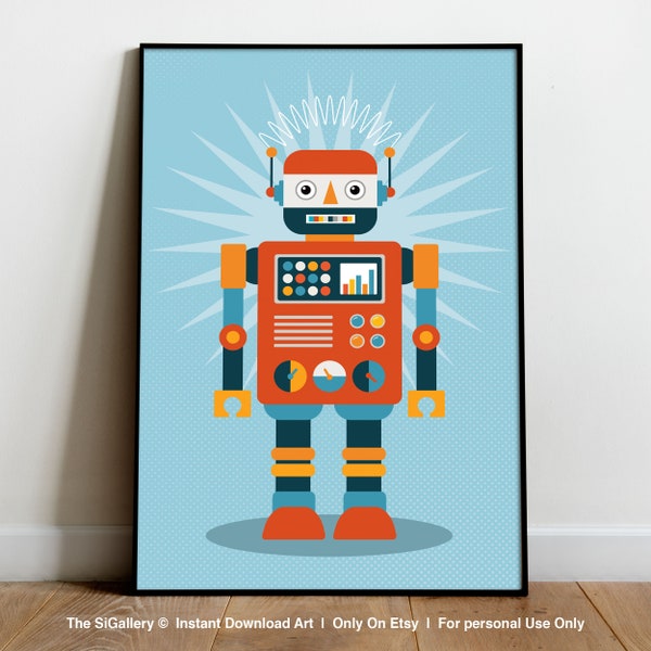 Digital Robot wall art, robot print, robot artwork, robot wall decor, digital artwork for kids, robot printable, robot nursery art