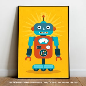 Könnte beinhalten: Eine farbenfrohe Roboter-Illustration mit rotem Körper, blauen Armen und gelbem Hintergrund. Der Roboter hat ein großes Zifferblatt auf seiner Brust, eine kleine Antenne auf seinem Kopf und eine Reihe von bunten Knöpfen.
