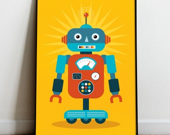 May include: A colorful robot illustration with a red body, blue arms, and a yellow background. The robot has a large dial on its chest, a small antenna on top of its head, and a row of colorful buttons.