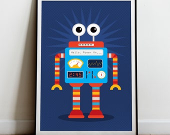 Könnte beinhalten: Ein blauer und roter Roboter mit einem gestreiften Körper und großen Augen. Der Roboter hat eine Digitaluhr, die 2:45 anzeigt, und den Text "Hello. Power On..." auf seiner Brust.