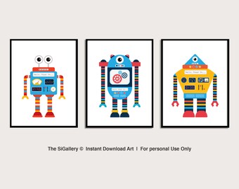 Digital Set of 3 robot prints, set of 3 robot posters, robot art prints, robot wall art, kids room decor, nursery room artwork