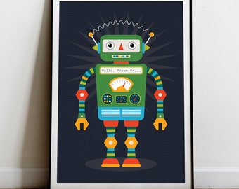 May include: A green robot with colorful stripes and a blue and orange body. The robot has a dial, buttons, and a message that says "Hello. Power On..." on its chest. The robot is on a dark blue background with a starburst pattern.