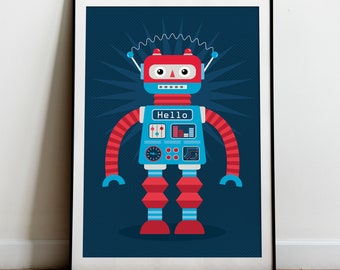 May include: A blue and red robot with a friendly face and the word "Hello" on its chest. The robot is standing on a dark blue background with a starburst pattern.