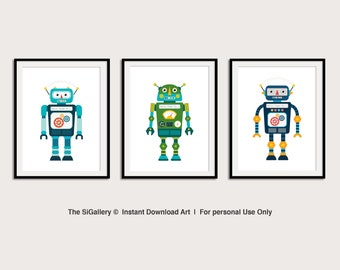 Digital Set of 3 robot prints, set of 3 robot posters, robot art prints, robot wall art, kids room decor, nursery room artwork