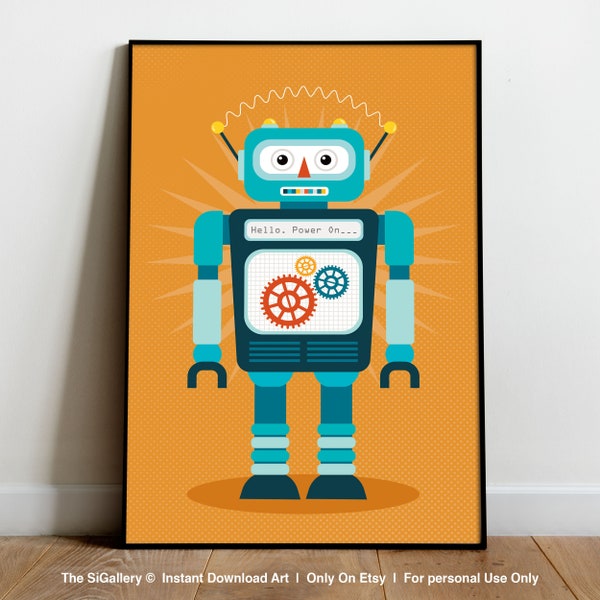 Digital Robot print, robot poster, robot art, digital artwork for kids, robot wall art, kids room decor, nursery wall art, children art