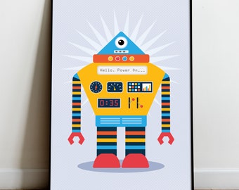 Könnte beinhalten: Eine bunte Roboter-Illustration mit gelbem Körper, blauem Kopf und rot-blau-gelb gestreiften Beinen. Der Roboter hat ein großes Auge, ein digitales Display, das "0:35" anzeigt, und den Text "Hello. Power On..." auf seiner Brust.