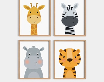 May include: Set of four framed prints featuring cartoon animal faces. The animals are a giraffe, zebra, hippopotamus, and tiger. The prints are in a minimalist style with white backgrounds and simple outlines.