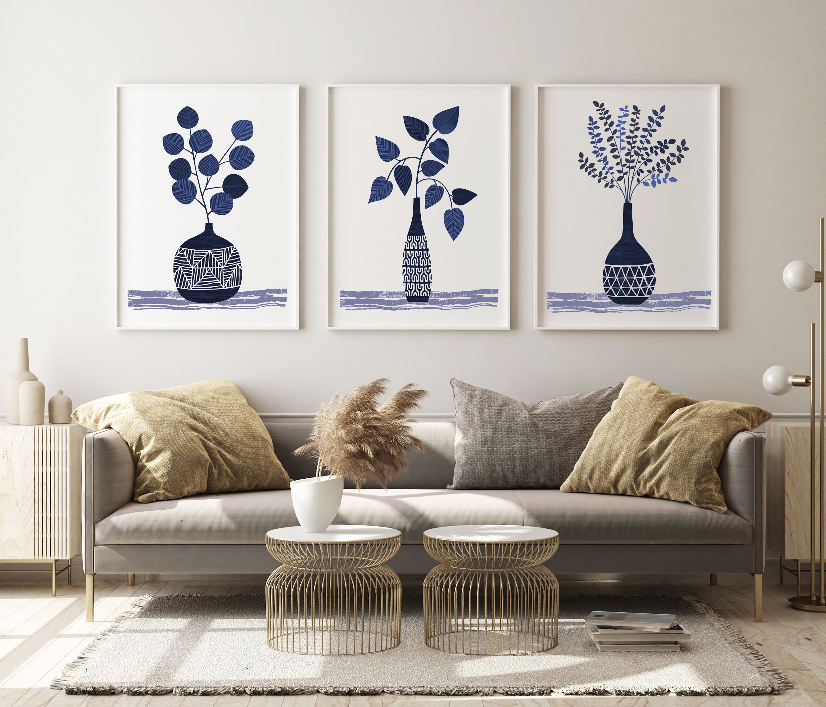 Digital Printable Set of 3 Prints, Set of 3 Wall Art, Set of 3 Blue Prints, Blue Plants, Trendy ...
