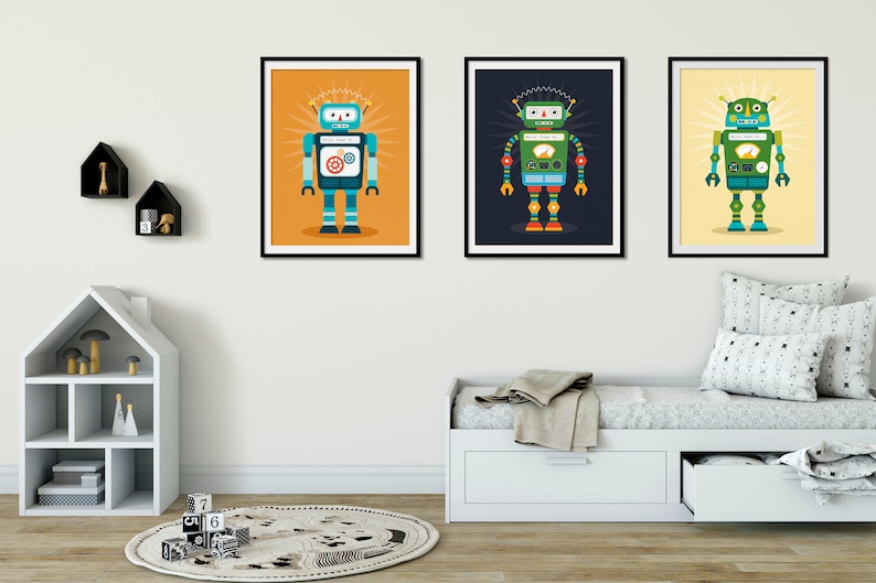May include: Three framed illustrations of robots with different colored backgrounds. The robots are green, blue, and orange with black outlines. The robots have antennas, gears, and other details.
