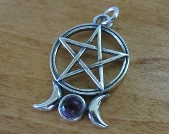 Solid 925 Sterling Silver Triple Moon Pentagram Gemstone Pendant Necklace - My Original Design - Handmade here in the USA -  Chains Optional