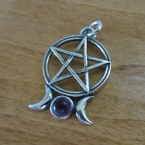Solid 925 Sterling Silver Triple Moon Pentagram Gemstone Pendant Necklace - My Original Design - Handmade here in the USA -  Chains Optional
