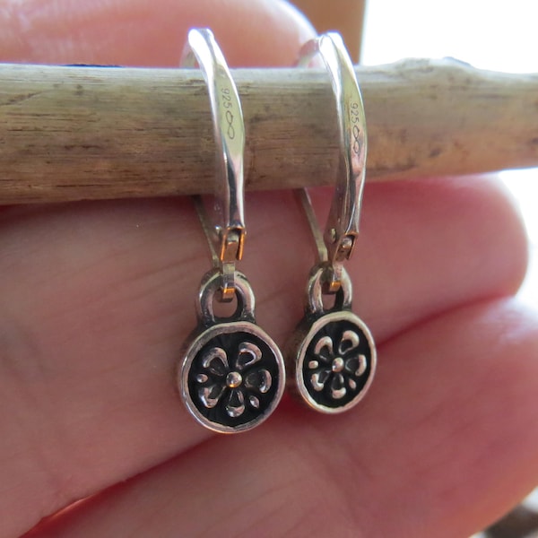 Solid 925 Sterling Silver Tiny Forget Me Not Flower Earrings Double Sided - Handmade in the USA - with Sterling Silver Lever back ear wires
