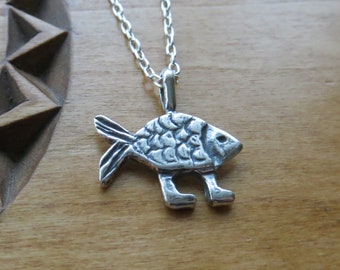 Solid 925 STERLING SILVER Darwins Evolution Walking  Fish with feet - My ORIGINAL Pendant Necklace - Chains are Optional