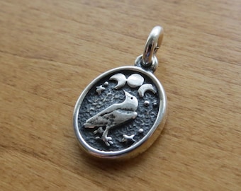 925 Solid Sterling Silver Little Crow and Triple Moons - My Original Design  - Necklace or Earrings  - Chains Optional - Handcast in the USA