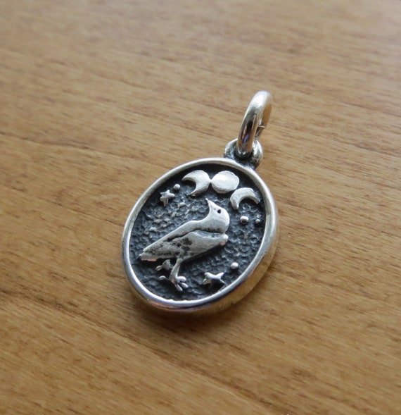 Sterling Silver Raven Triple Moons Charm Pendant, Oxidized Antique Look, My Original