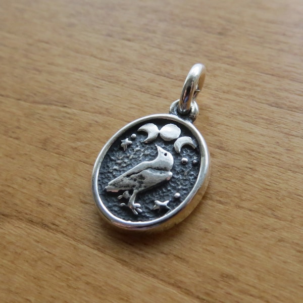 Solid 925 Sterling Silver Small Raven Crow & Triple Moons Charm, Earrings, My Original Design-Handmade in the USA