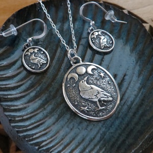 Solid 925 Handcast Sterling Silver - My ORIGINAL Triple Moon and Raven Crow Corvid Necklace and Earrings Made in the USA