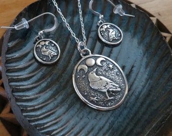 Solid 925 Sterling Silver - My ORIGINAL Triple Moon and Raven Crow Corvid Necklace and Earrings