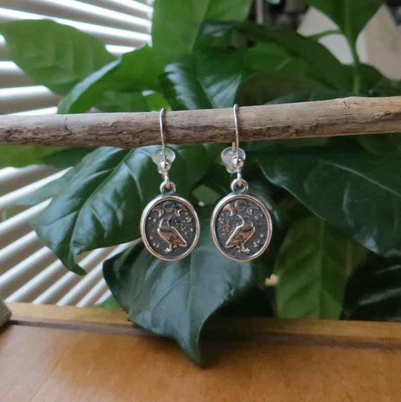 May include: Silver dangle earrings with a round charm featuring a stylized raven with a crescent moon and stars.