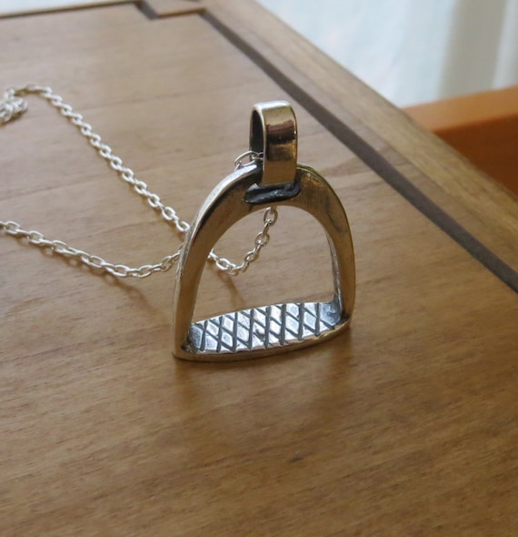 Sterling Silver Large Polished Horse Stirrup Charm on an Adjustable Chain Necklace