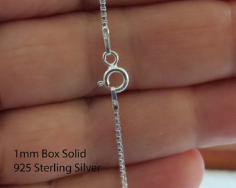 925 Solid Sterling Silver 1mm Box Link Pendant and Charm Chains