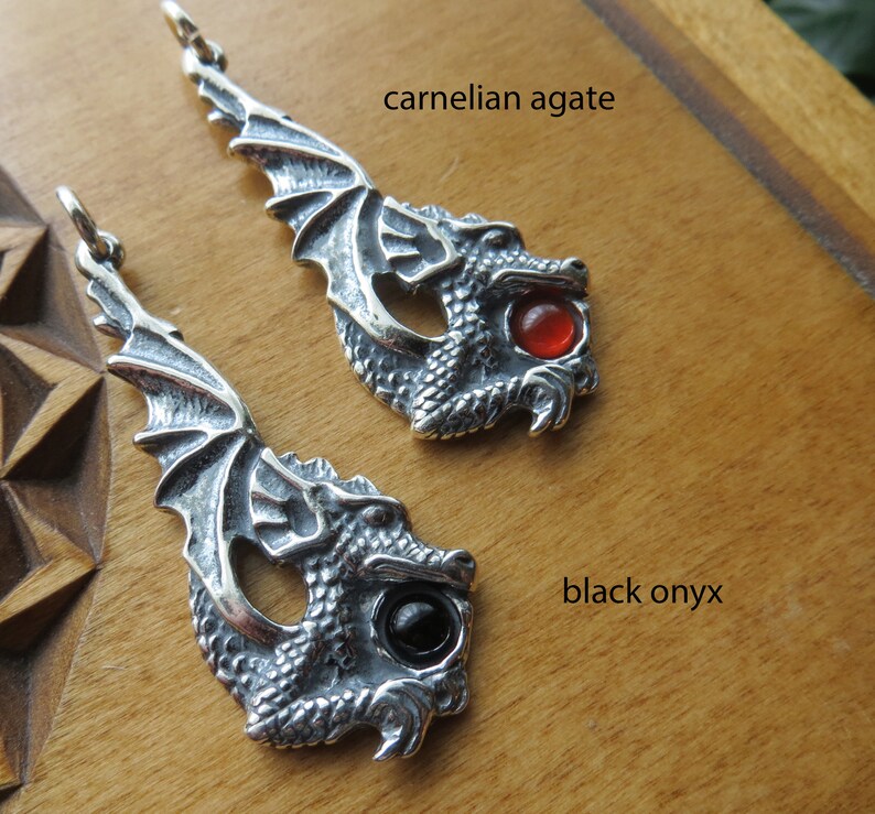 Solid 925 Sterling Silver Dragon Pendant with Gemstone Necklace Chain Optional image 2