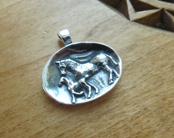 Solid 925 STERLING SILVER Mare and Foal Pendant Necklace - Chain Optional