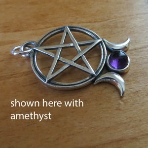 Solid 925 Handcast Sterling Silver Triple Moon Pentagram with Gemstone My ORIGINAL Pendant Necklace - Chains are Optional